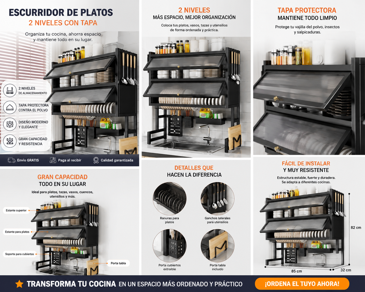 Escurridor de Platos 2 Niveles con Tapa