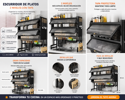 Escurridor de Platos 2 Niveles con Tapa
