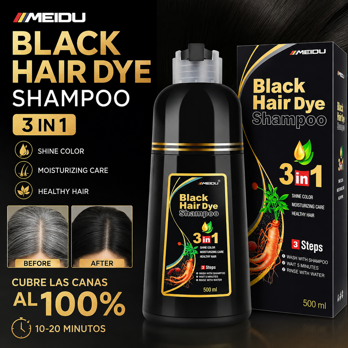 Shampoo Meidu Negro 3 en 1