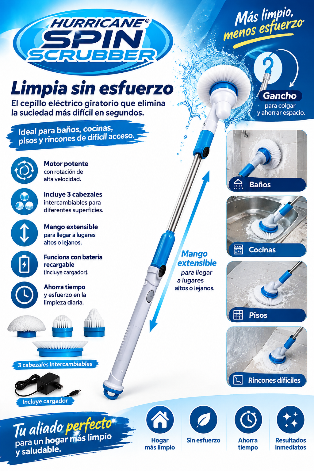 Hurricane Spin Scrubber - Cepillo Eléctrico Giratorio Recargable con 3 Cabezales