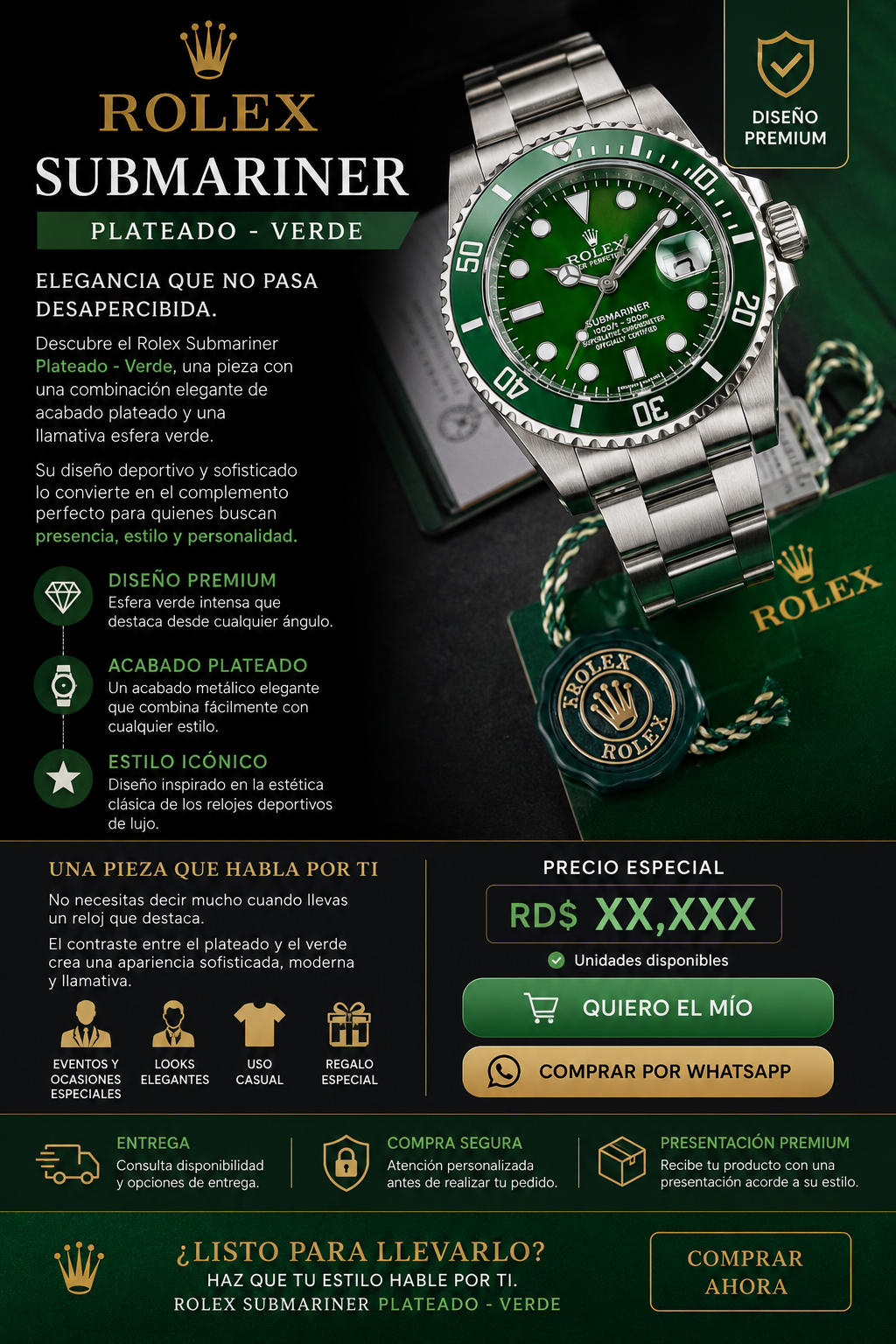 Rolex Submariner Plateado - Verde