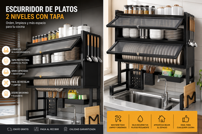 Escurridor de Platos 2 Niveles con Tapa