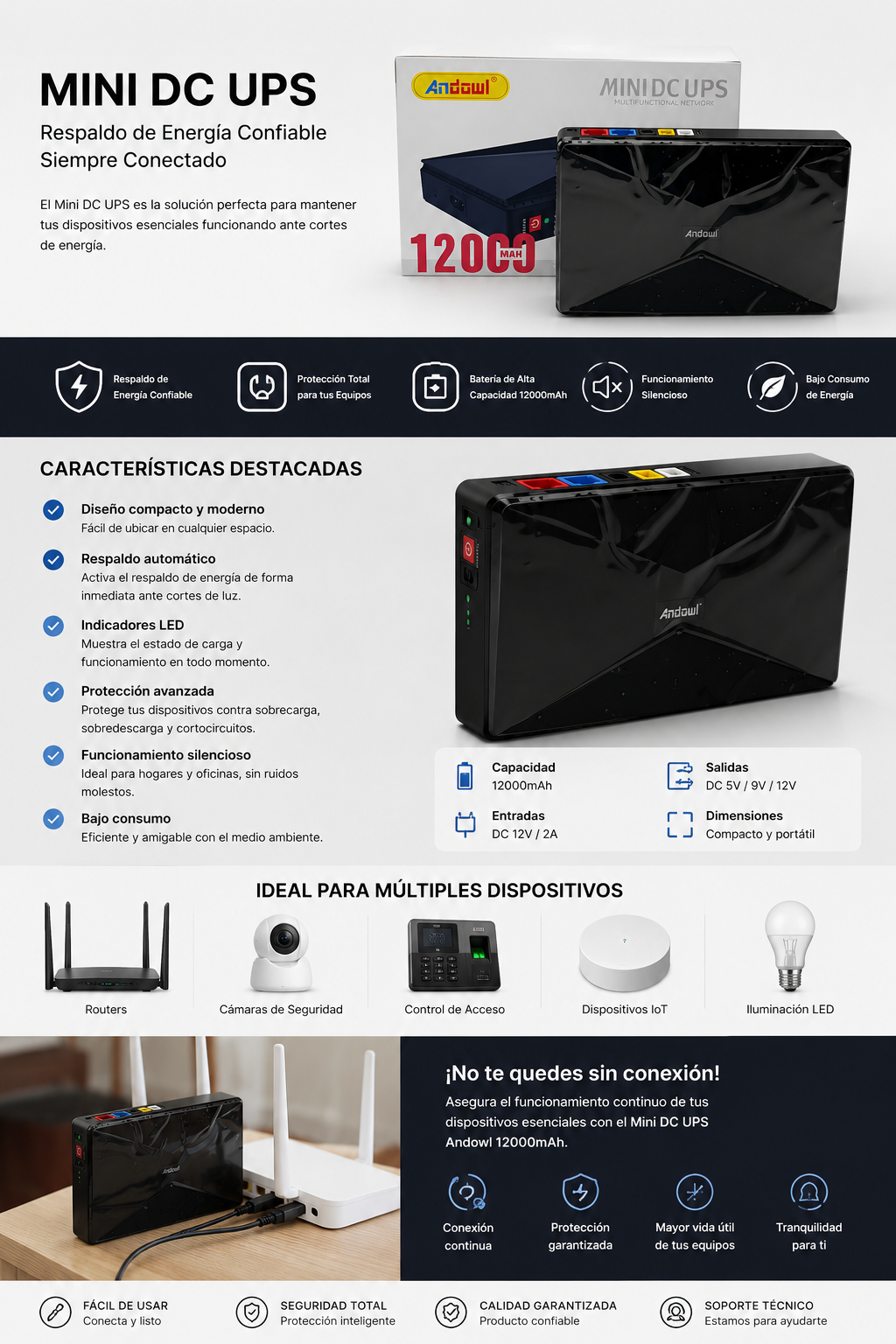 Mini DC UPS Andowl 12000mAh (20 und x caja)