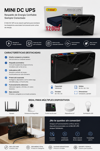 Mini DC UPS Andowl 12000mAh (20 und x caja)