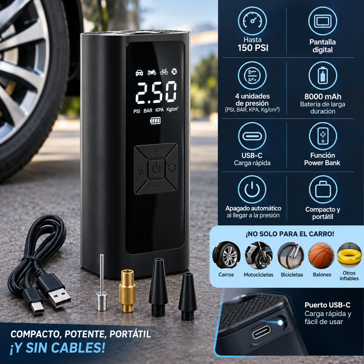 COMPRESOR DE AIRE CON WIRELESS DIGITAL EG-216 (30/20 UND X CAJA)