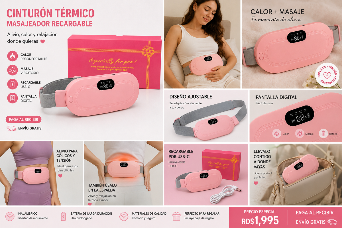 🌸 Cinturón Térmico Masajeador Recargable — Calor + Masaje + USB-C